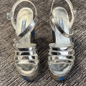 Prada Metallic Silver Platform Heels